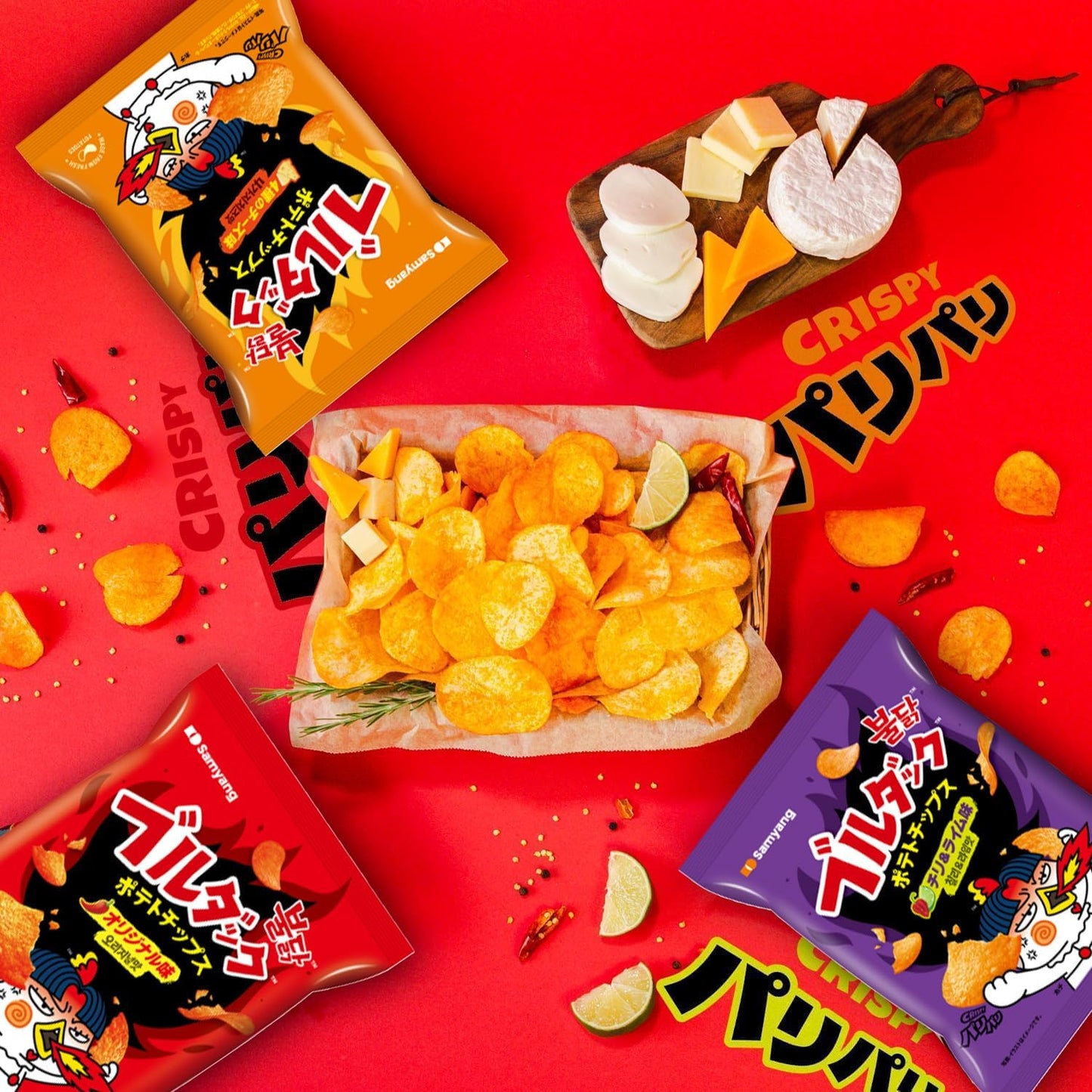 BULDAK POTATO CHIPS ★ ORIGINAL SPICY CHICKEN, 4 TYPES OF CHEESE, HABANERO & LIME // SAMYANG
