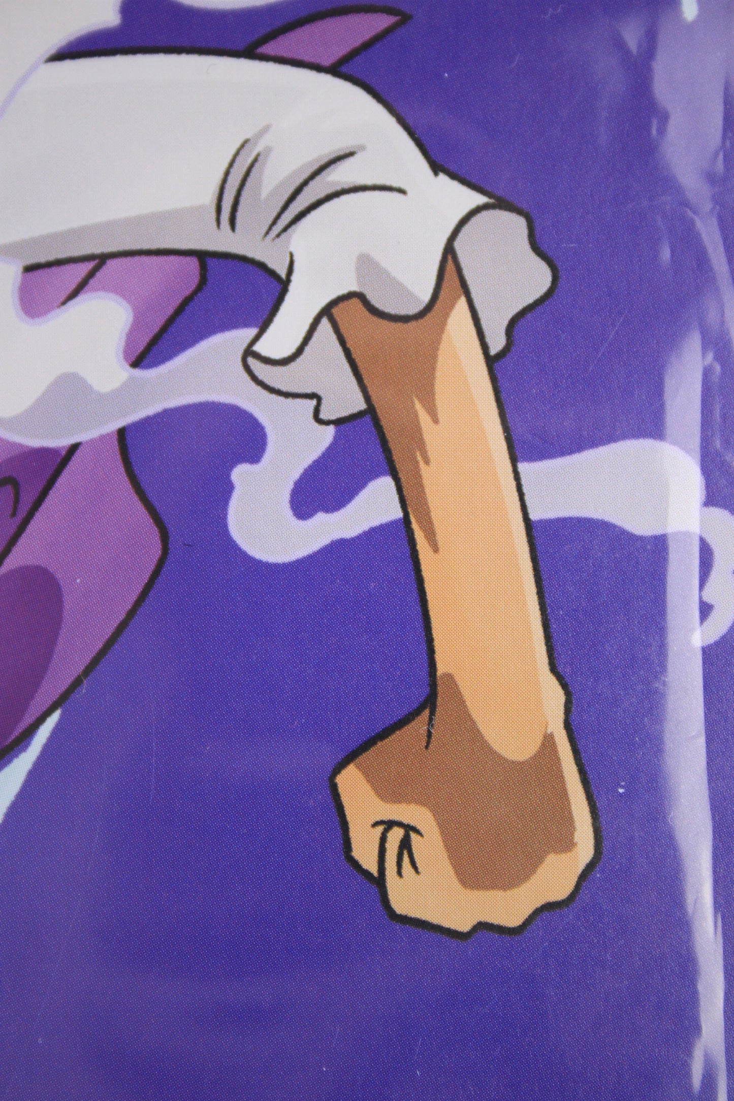 Cartoon character with a clenched fist on a purple background