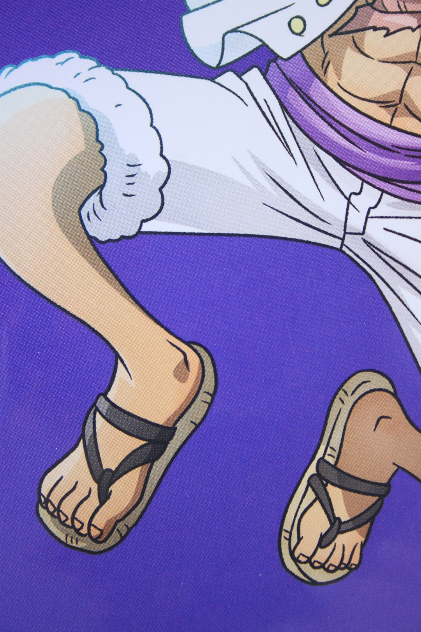 Cartoon character wearing sandals on a purple background