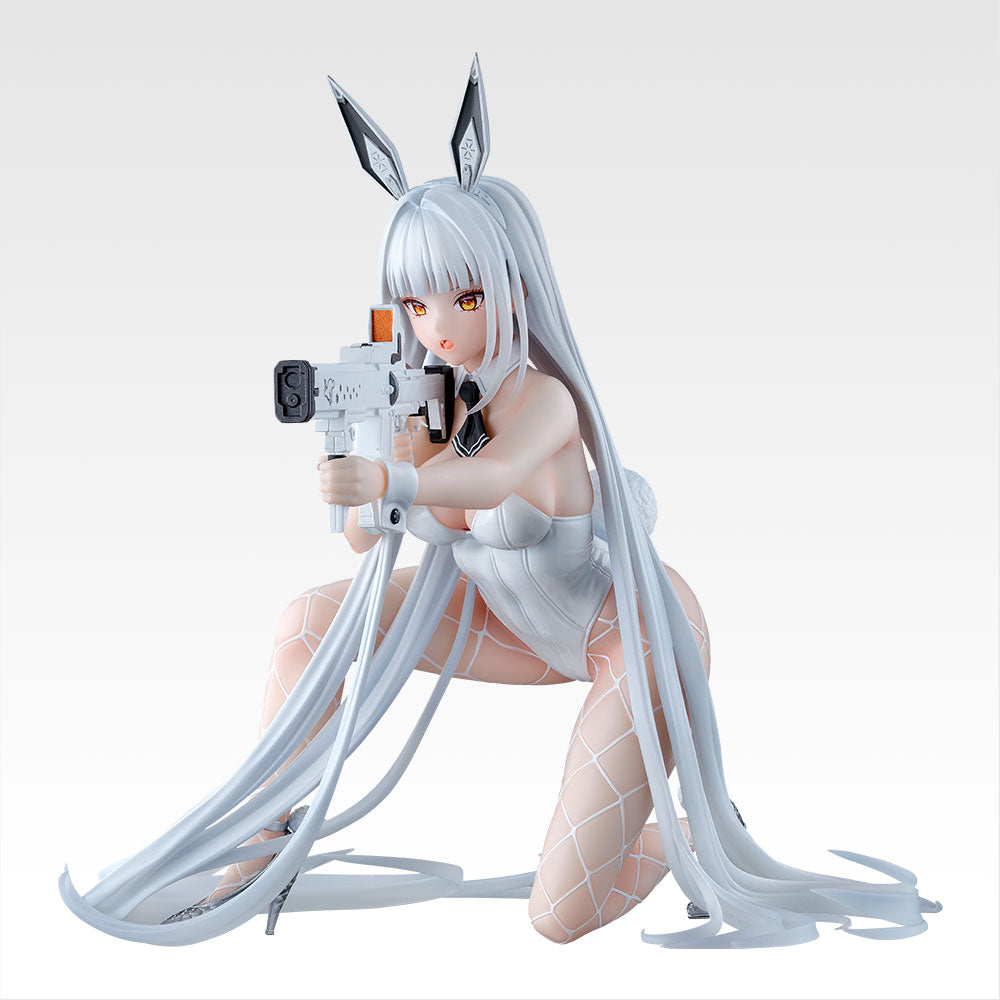 Anime character figurine with white hair and bunny ears holding a gun on a white background