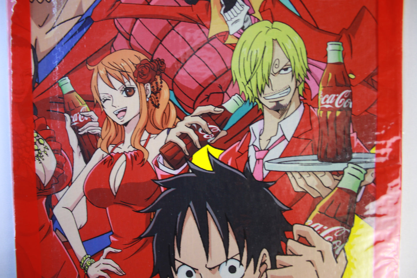 Anime-style illustration with characters holding Coca-Cola bottles on a red background
