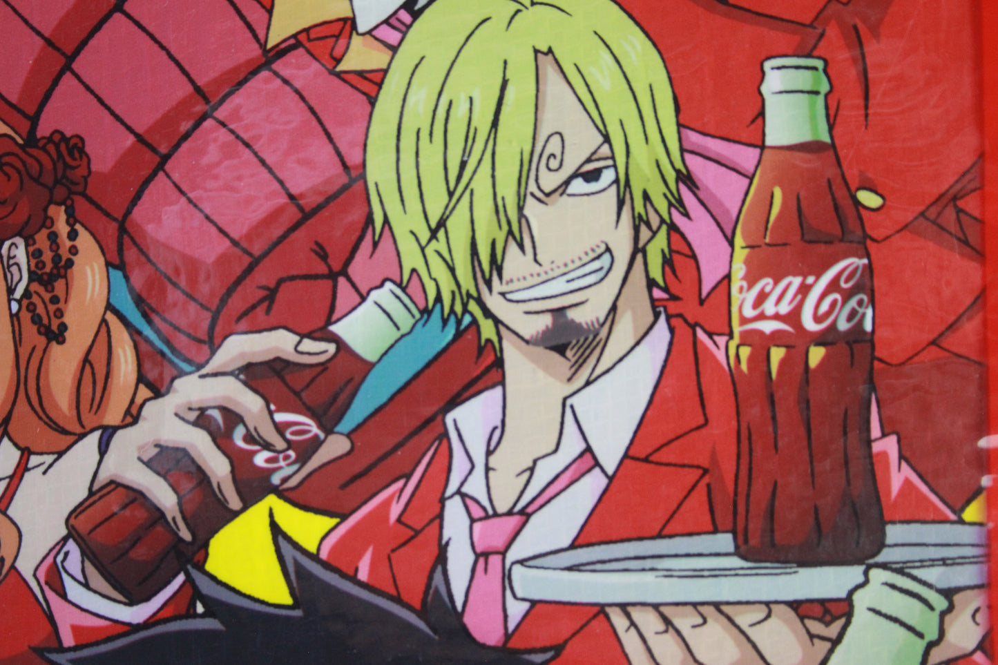 Animated character holding a Coca-Cola bottle with a red background