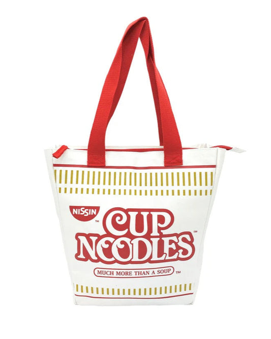 An extra-large tote bag with the Nissin Cup Noodles logo printed in red and white, featuring a foldable structure, sturdy handles, and a red zipper closure.