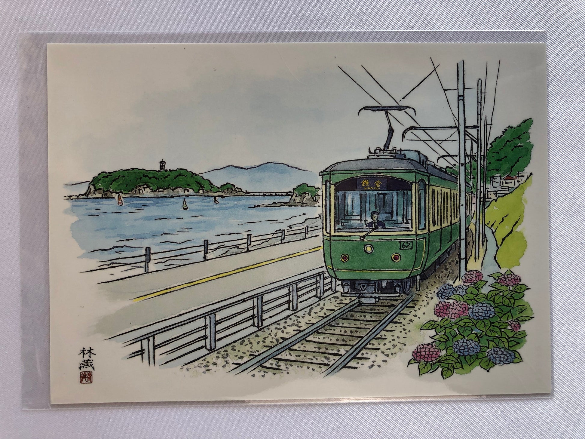 Illustration of a green train by a waterfront with mountains in the background