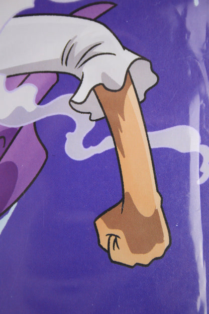 Cartoon character with a clenched fist on a purple background