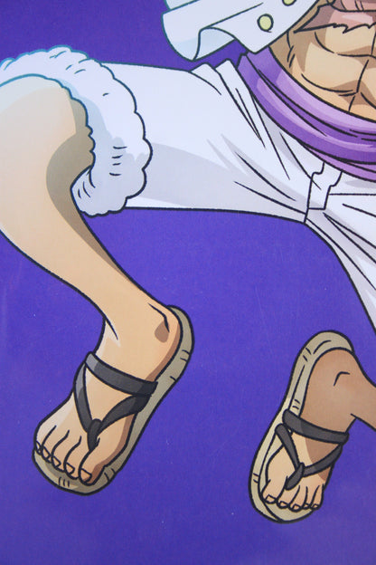 Cartoon character wearing sandals on a purple background