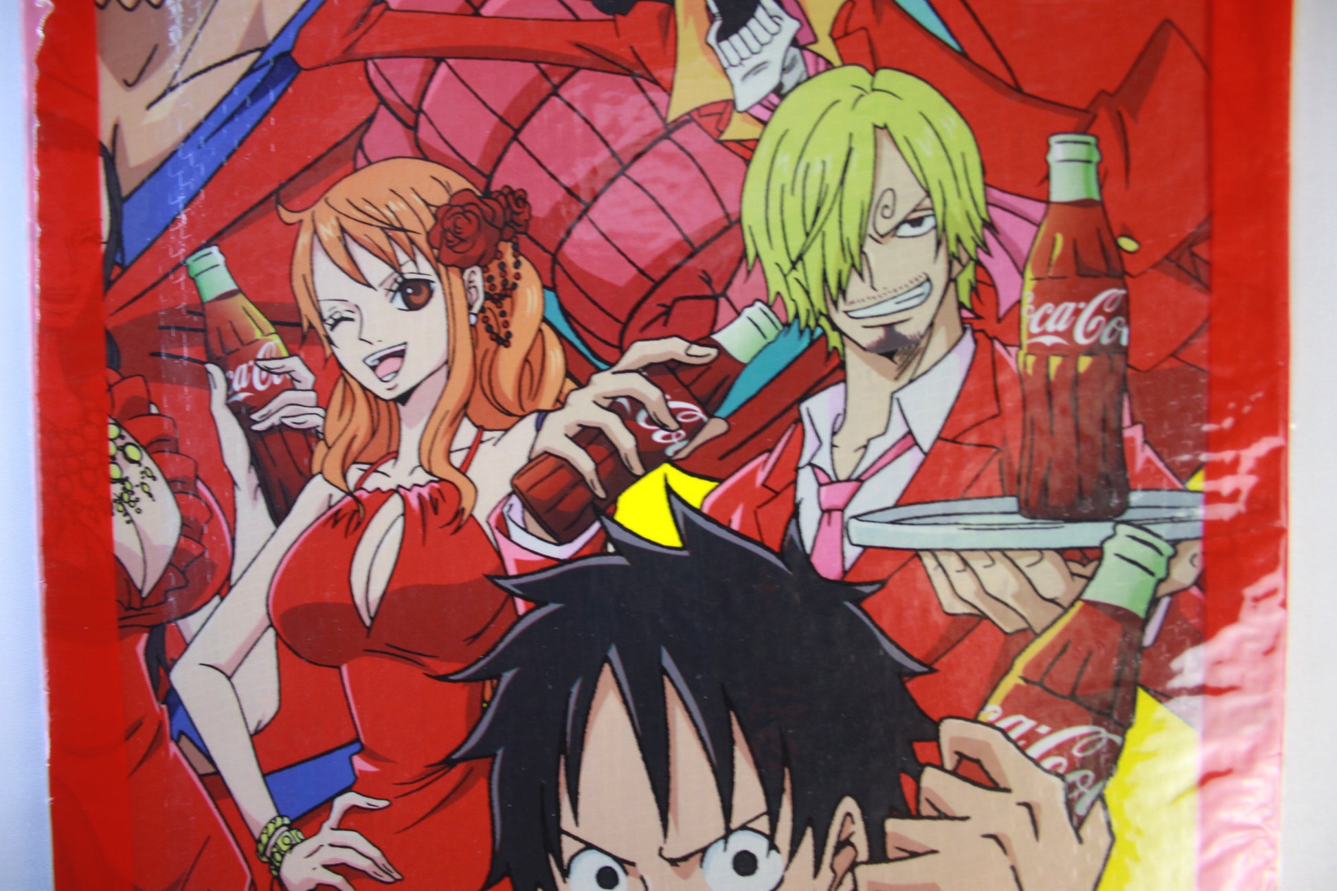 Anime-style illustration with characters holding Coca-Cola bottles on a red background