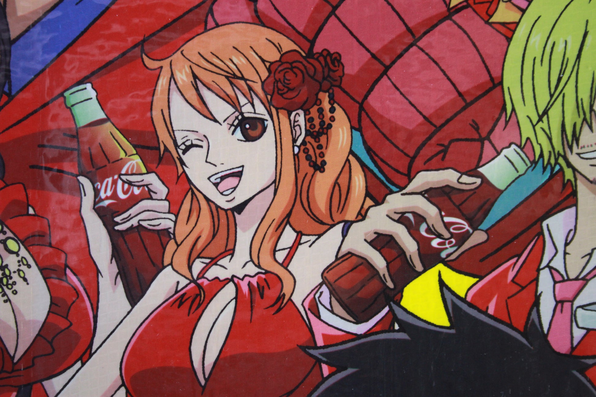 Animated character with red hair and a red dress holding bottles, with a colorful background.