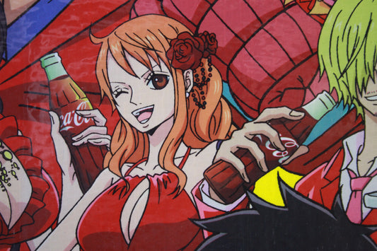 Animated character with red hair and a red dress holding bottles, with a colorful background.