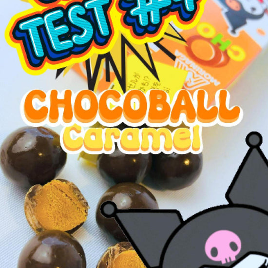 Close-up Video of Morinaga Chocoball Caramel box with Kyoro-chan mascot, next to small caramel-filled chocolate balls on a table, bright and colorful Japanese snack packaging.